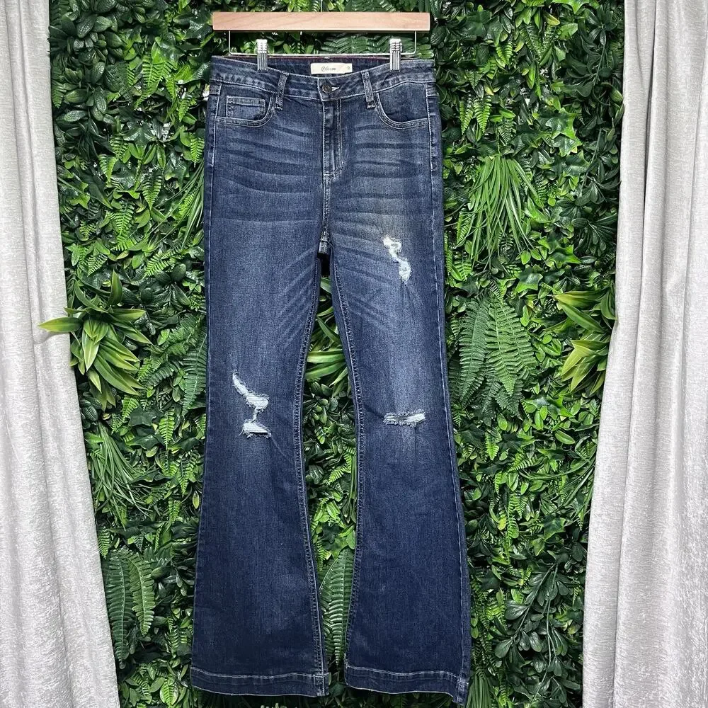 Y2K CELLO Jeans‎ Women 9 Blue Denim Bell Bottom Flared Distressed 2714